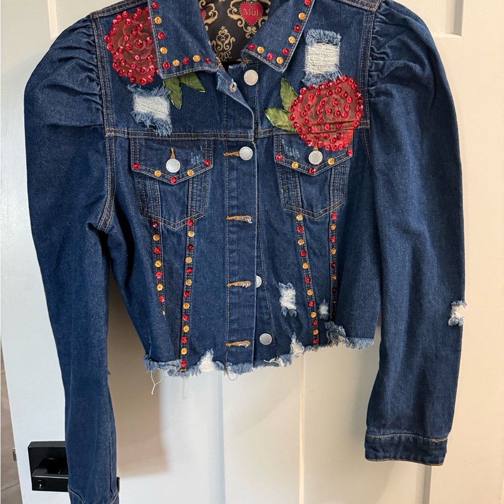 Embellished Denim Jacket with Red Accents
